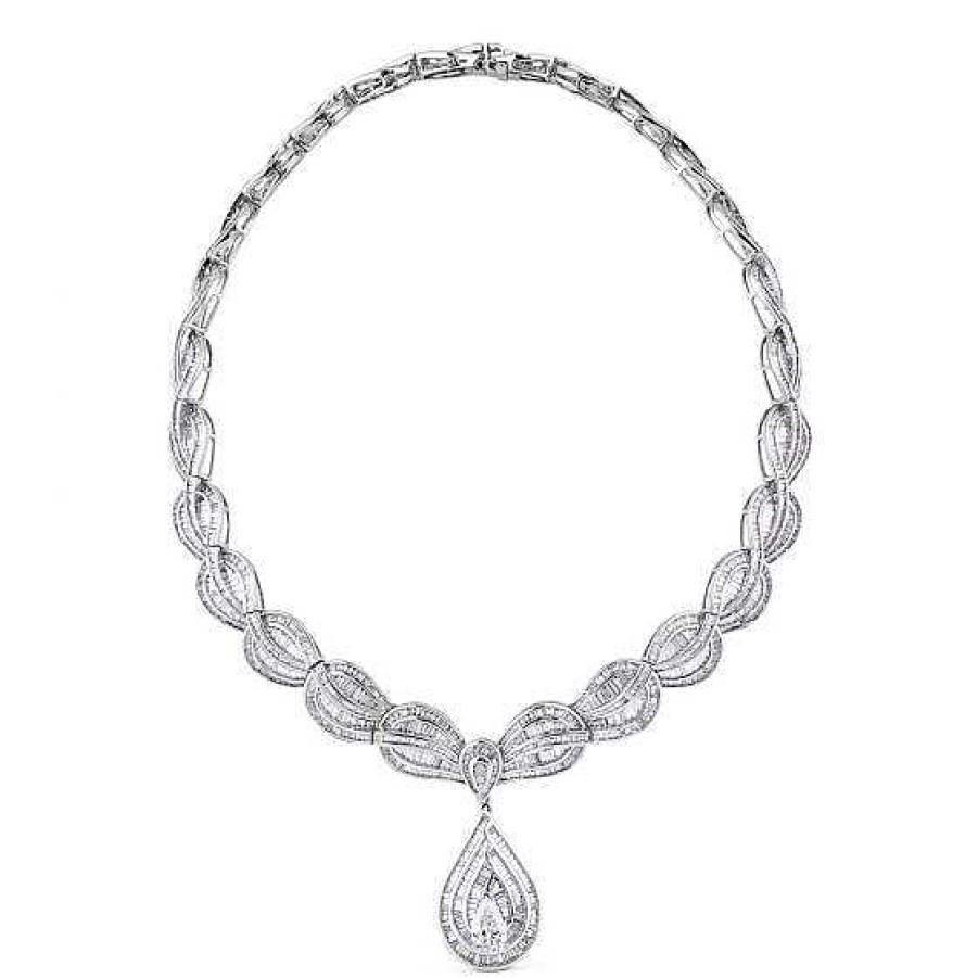 Joyas Chocrón | Collar De Oro Blanco Con Diamantes Talla Baguette Y Colgante Con Diamante Talla Pera