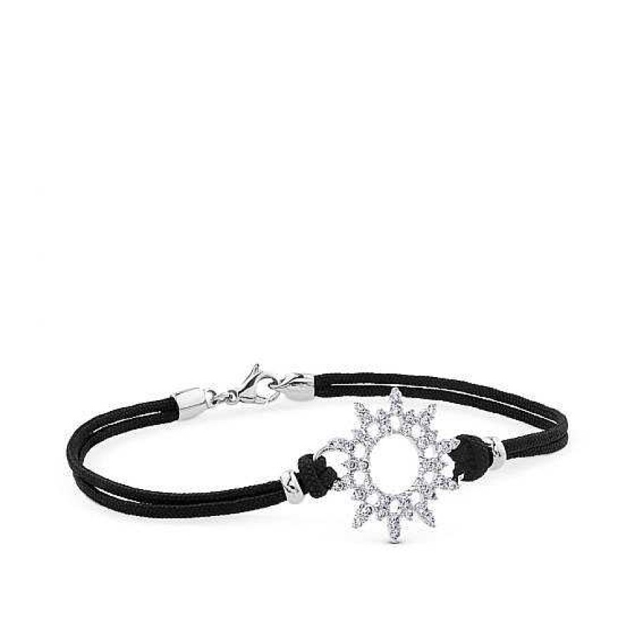 Joyas Chocrón | Pulsera De Oro Blanco Y Cord N Negro Con Sol De Pav De Diamantes