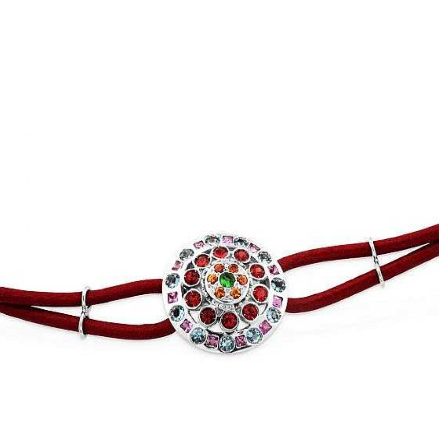 Joyas Chocrón | Pulsera De Oro Blanco Con Cord N Rojo Y C Rculo De Cuarzos De Colores