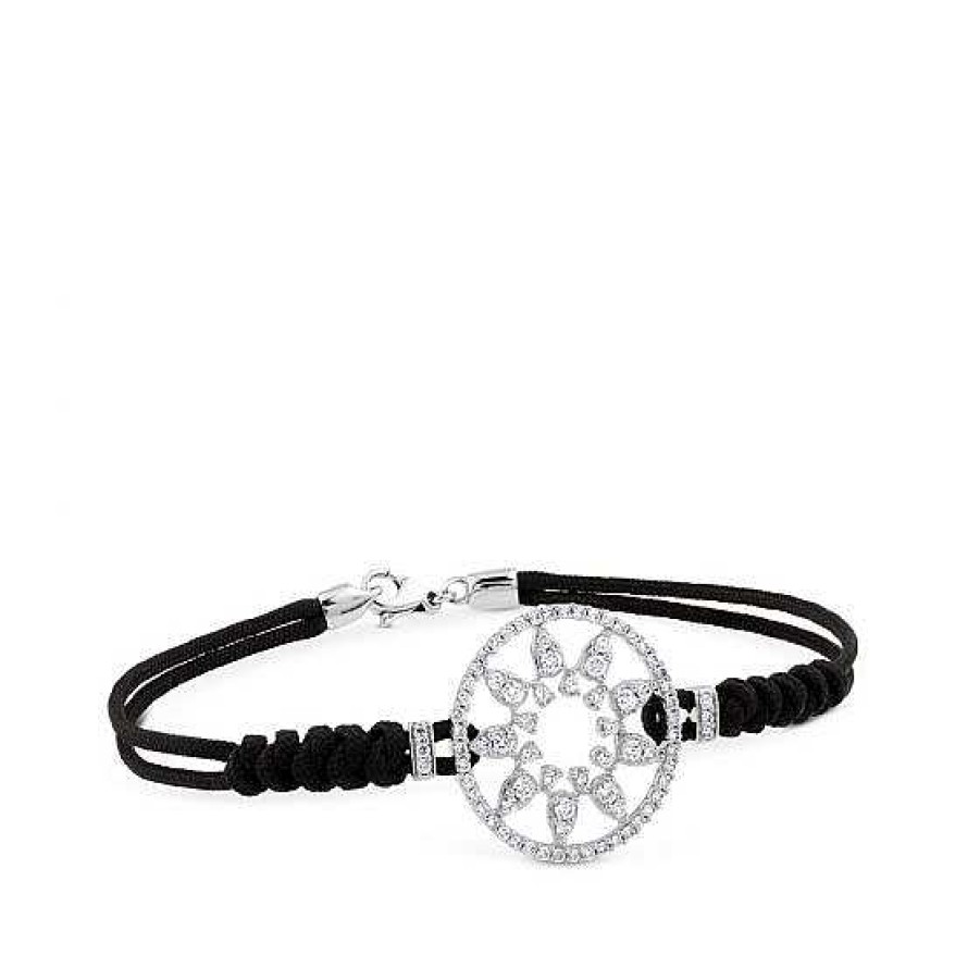 Joyas Chocrón | Pulsera De Oro Blanco Y Cord N Negro Con Estrella En Aro De Pav De Diamantes