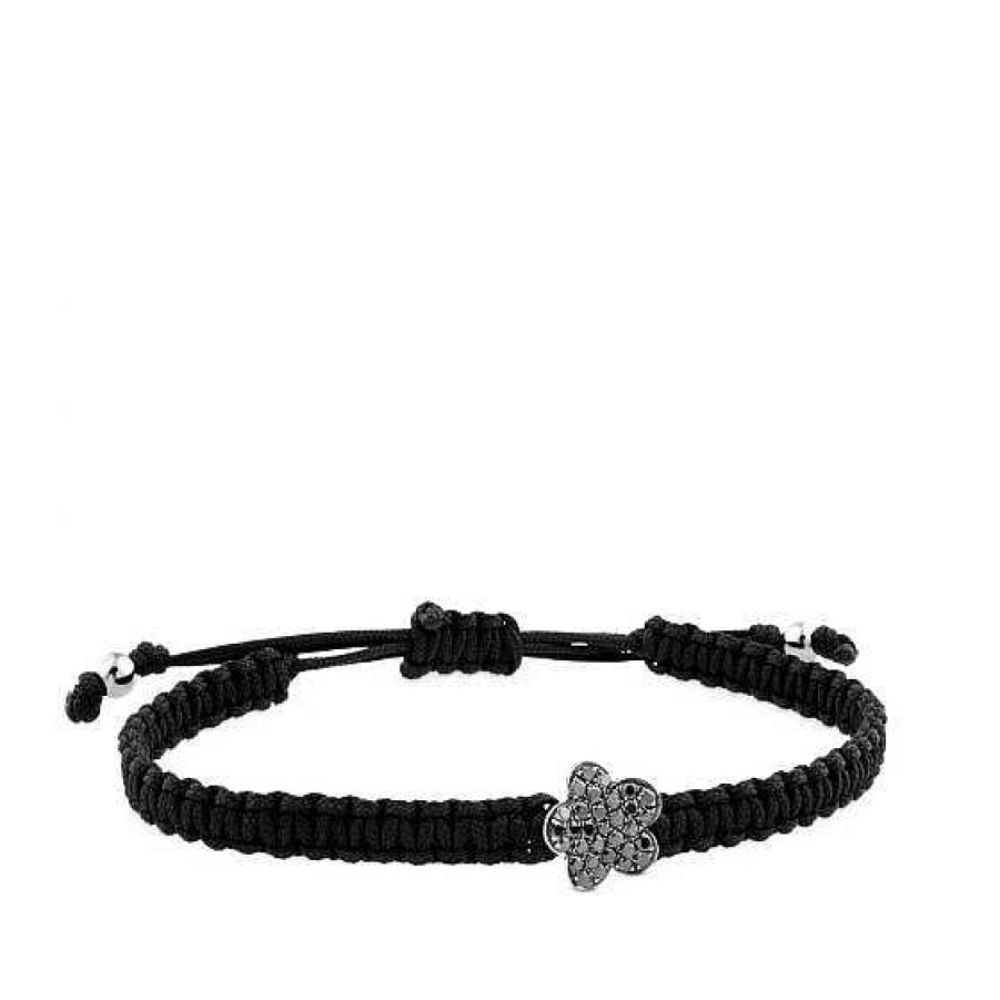 Joyas Centoventuno | Pulsera De Cord N Negro Con Flor De Oro Blanco Y Diamantes Negros