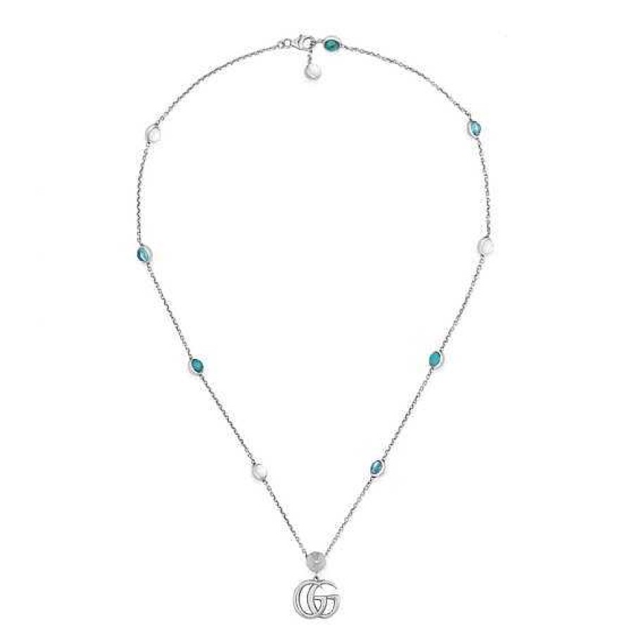 Joyas Gucci | Colgante De Plata Gucci Gg Marmont Con N Car, Topacio Azul Y Resina Turquesa