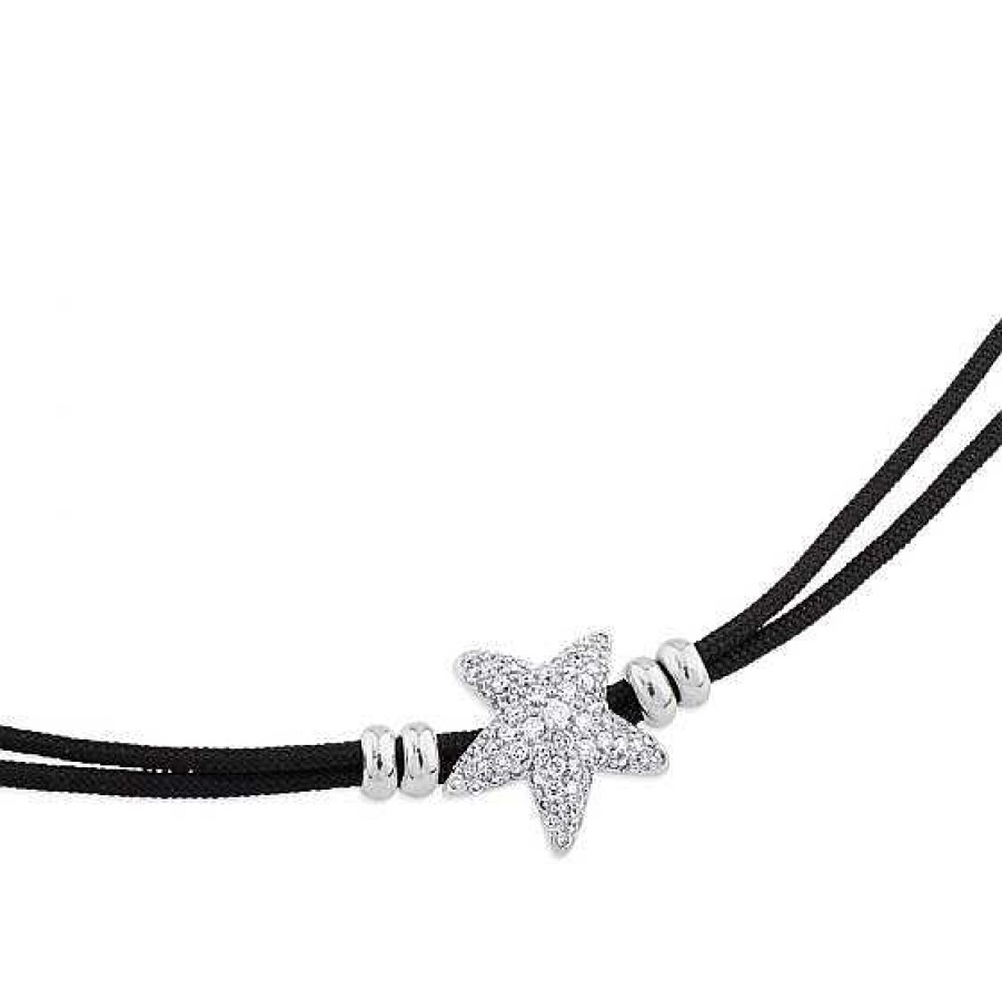 Joyas Chocrón | Pulsera De Oro Blanco Y Cord N Negro Con Estrella De Pav De Diamantes