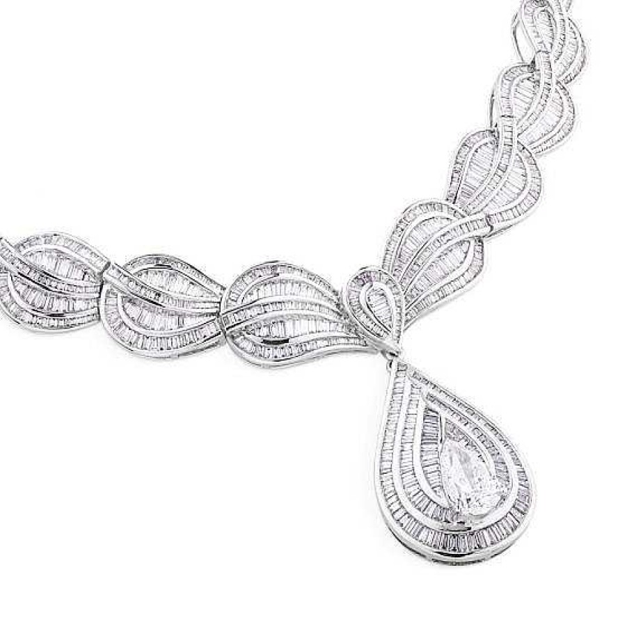 Joyas Chocrón | Collar De Oro Blanco Con Diamantes Talla Baguette Y Colgante Con Diamante Talla Pera