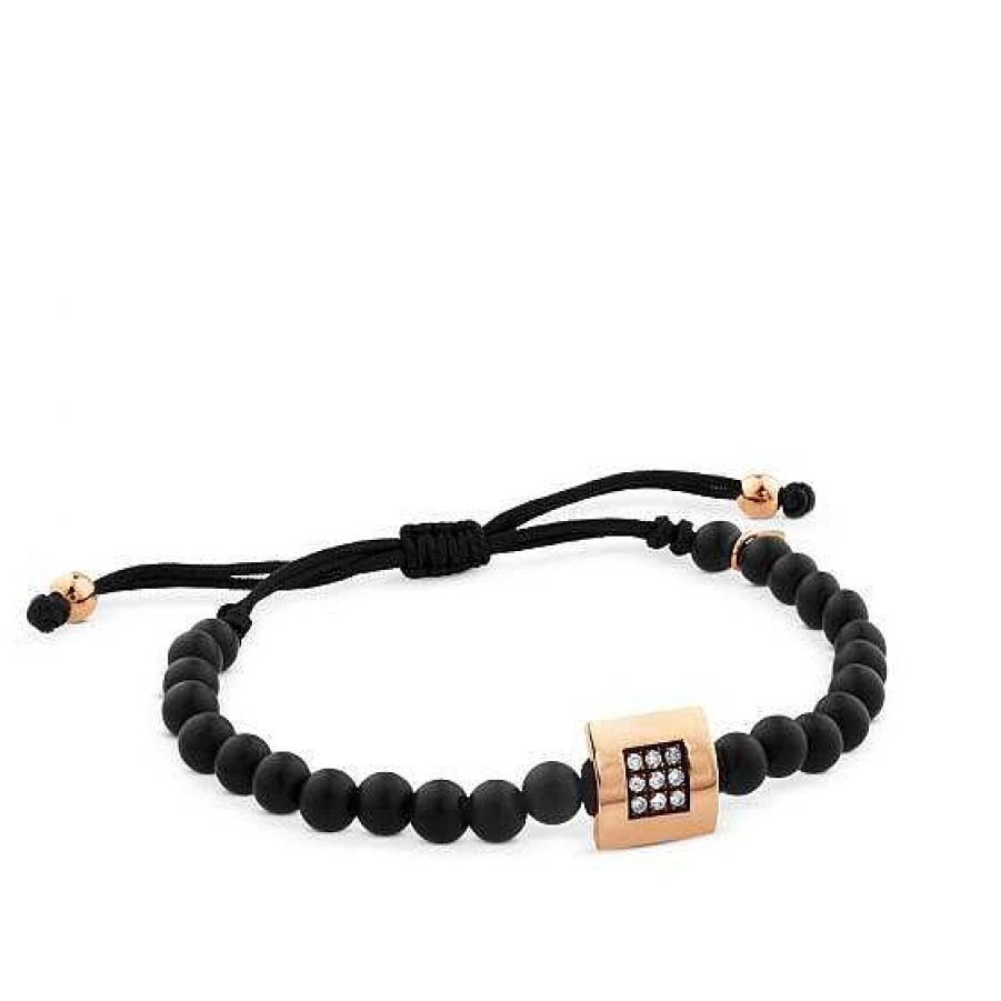 Joyas Chocrón | Pulsera De Bolas De Onix Con Cuadrado De Oro Rosa Y Diamantes Brown