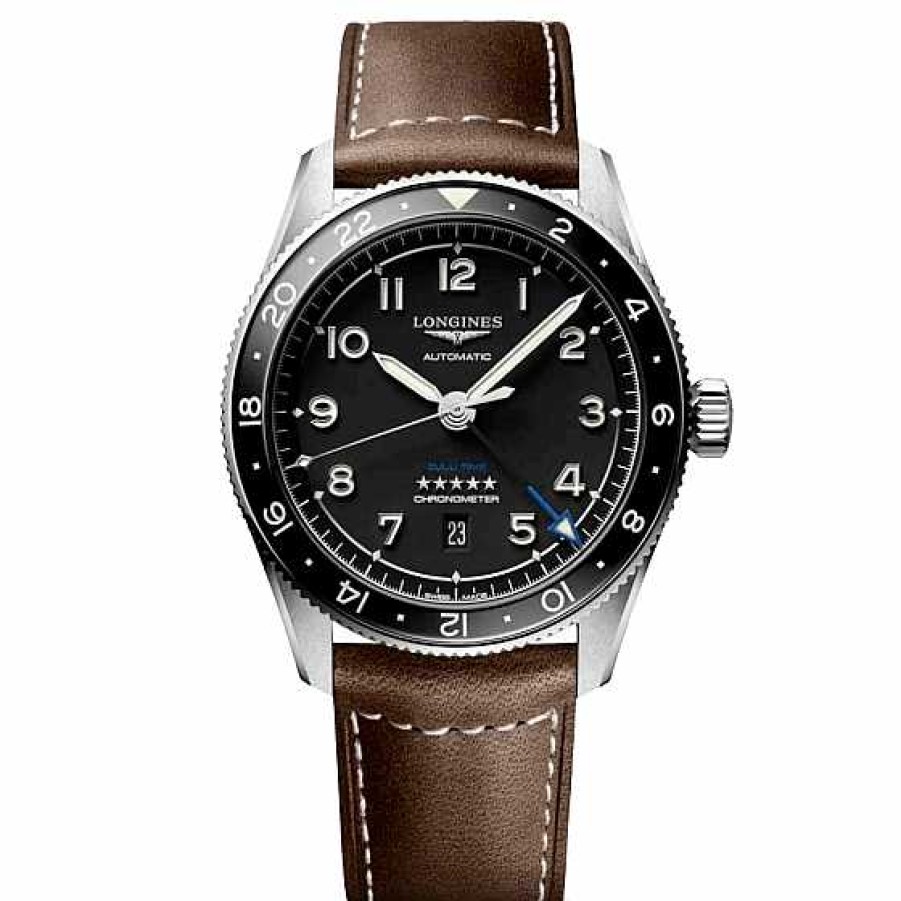 Relojes Longines | Longines Spirit Zulu Time 42Mm Acero Esfera Negra Piel