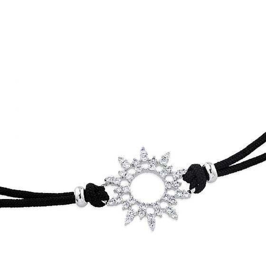 Joyas Chocrón | Pulsera De Oro Blanco Y Cord N Negro Con Sol De Pav De Diamantes