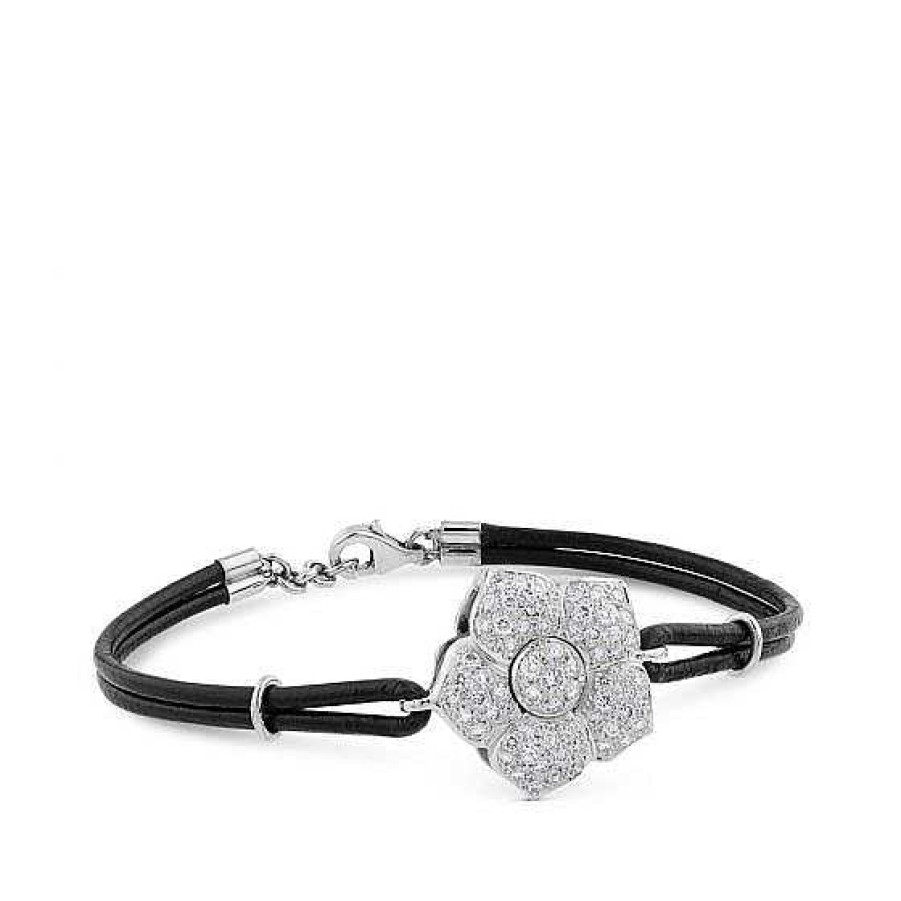 Joyas Chocrón | Pulsera De Oro Blanco Con Cord N Marr N Y Flor De Pav De Diamantes